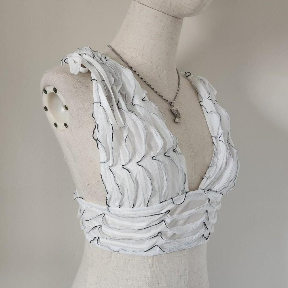 AKIRA White & Black Sheer Ruffle Tie-Shoulder Crop Top. SZ Small.